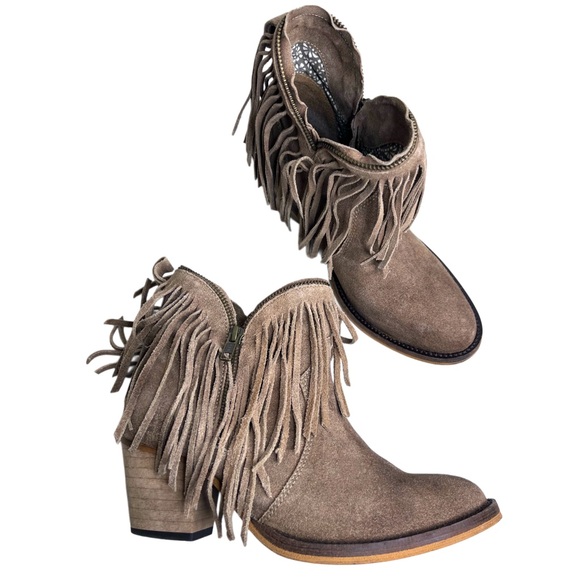 Dingo Juju Boho Leather Suede Fringe Sz 7.5 Zipper Top Round Toe Booties - Picture 1 of 12
